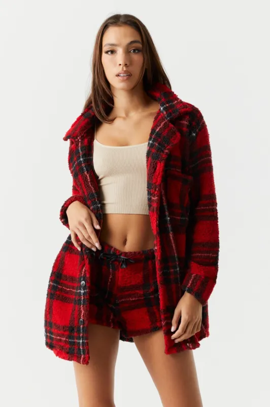 Red Plaid Sherpa Pajama Shacket sold by Charlotte Russe
