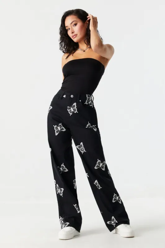 Butterfly Print Straight Leg Twill Pant sold by Charlotte Russe