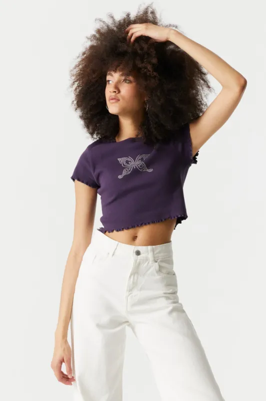 Rhinestone Butterfly Graphic Lettuce Hem Cropped T-Shirt sold by Charlotte Russe
