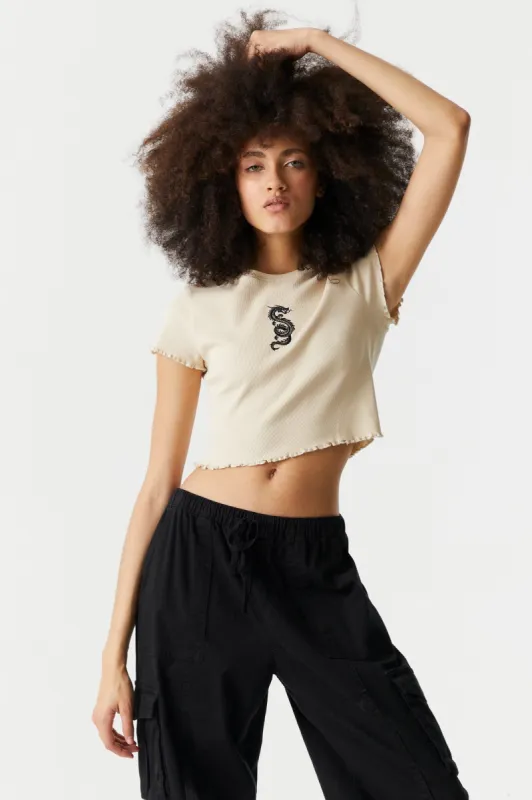 Embroidered Dragon Graphic Lettuce Hem Cropped T-Shirt sold by Charlotte Russe