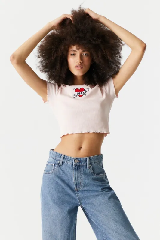 Embroidered Love Heart Graphic Lettuce Hem Cropped T-Shirt sold by Charlotte Russe