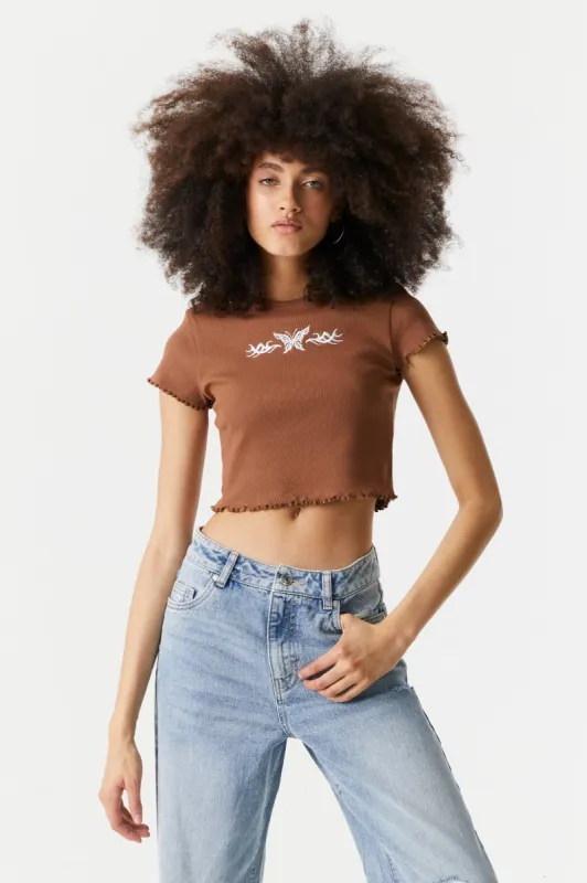 Embroidered Butterfly Tattoo Graphic Lettuce Hem Cropped T-Shirt sold by Charlotte Russe