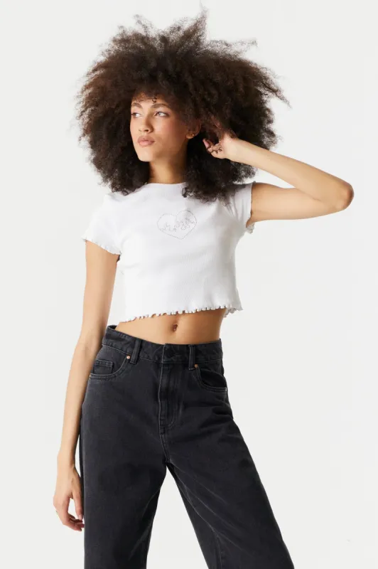 Rhinestone Flaming Heart Graphic Lettuce Hem Cropped T-Shirt sold by Charlotte Russe