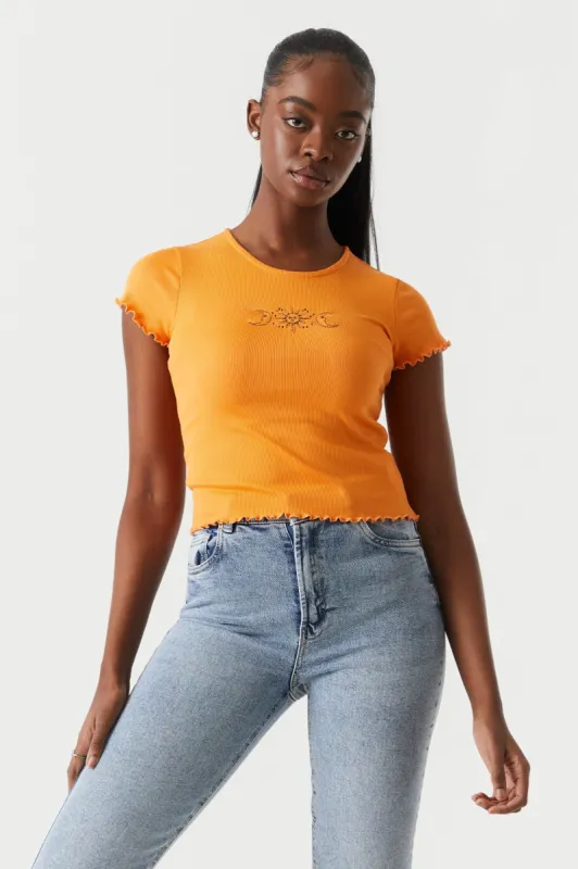 Ribbed Embroidered Sun And Moon Graphic Lettuce Hem Cropped T-Shirt sold by Charlotte Russe