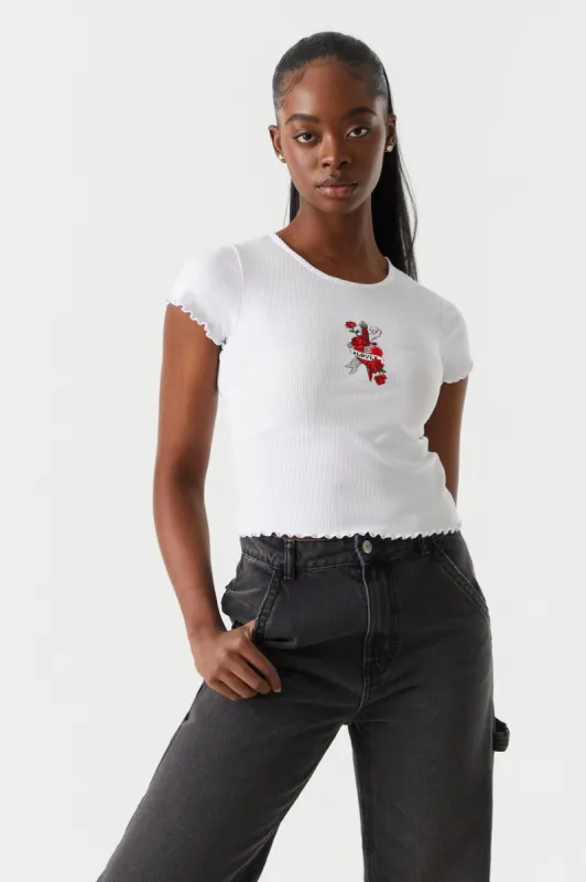 Ribbed Embroidered Dagger Heart Graphic Lettuce Hem Cropped T-Shirt sold by Charlotte Russe