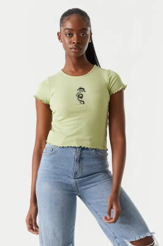 Ribbed Embroidered Dragon Graphic Lettuce Hem Cropped T-Shirt sold by Charlotte Russe