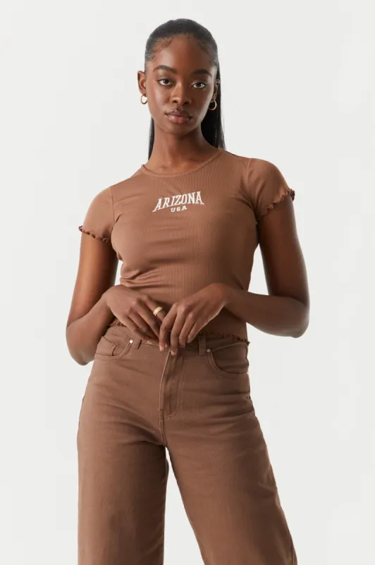 Ribbed Embroidered Arizona Graphic Lettuce Hem Cropped T-Shirt sold by Charlotte Russe