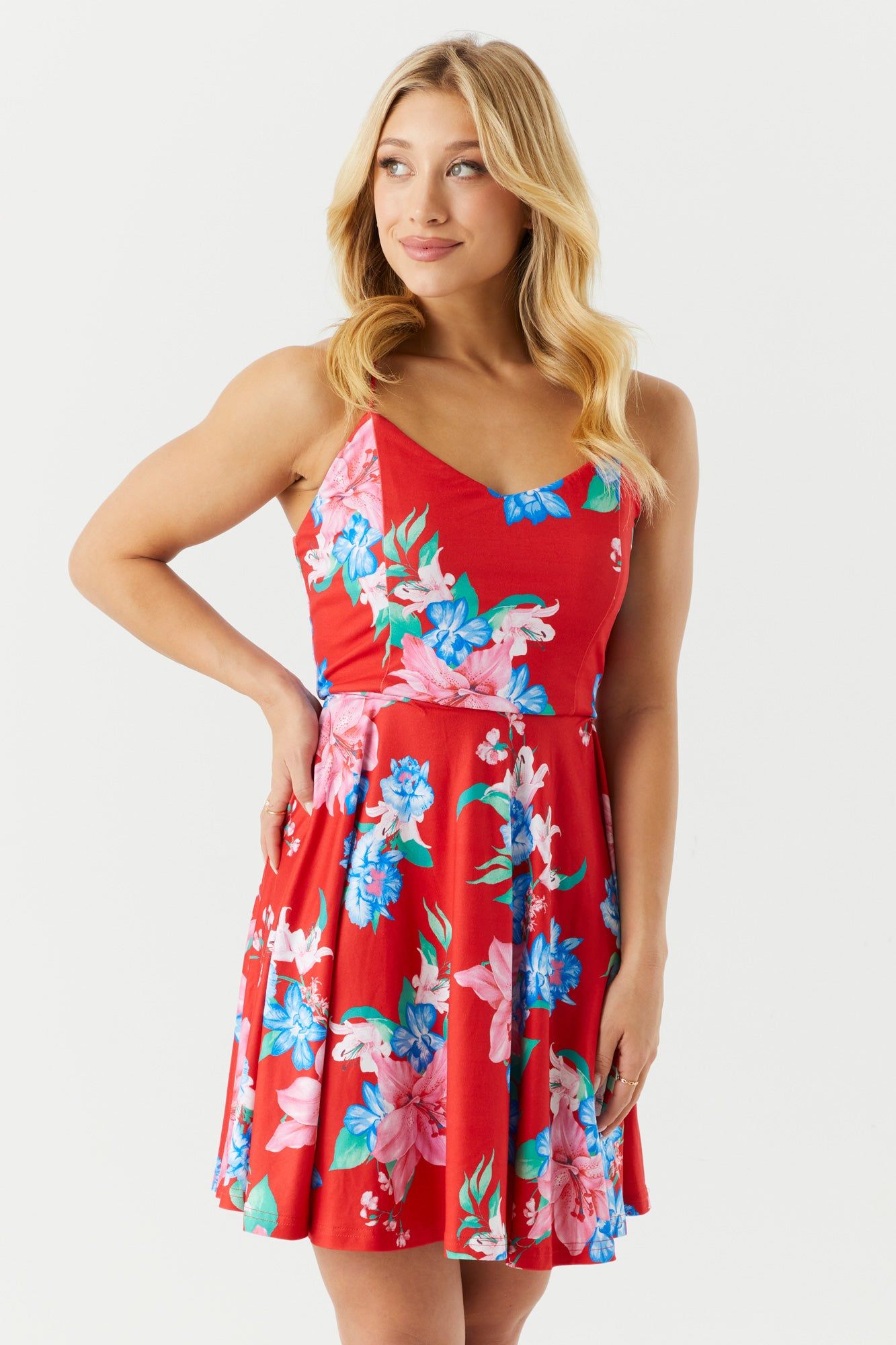 Red Floral Print Skater Dress sold by Charlotte Russe