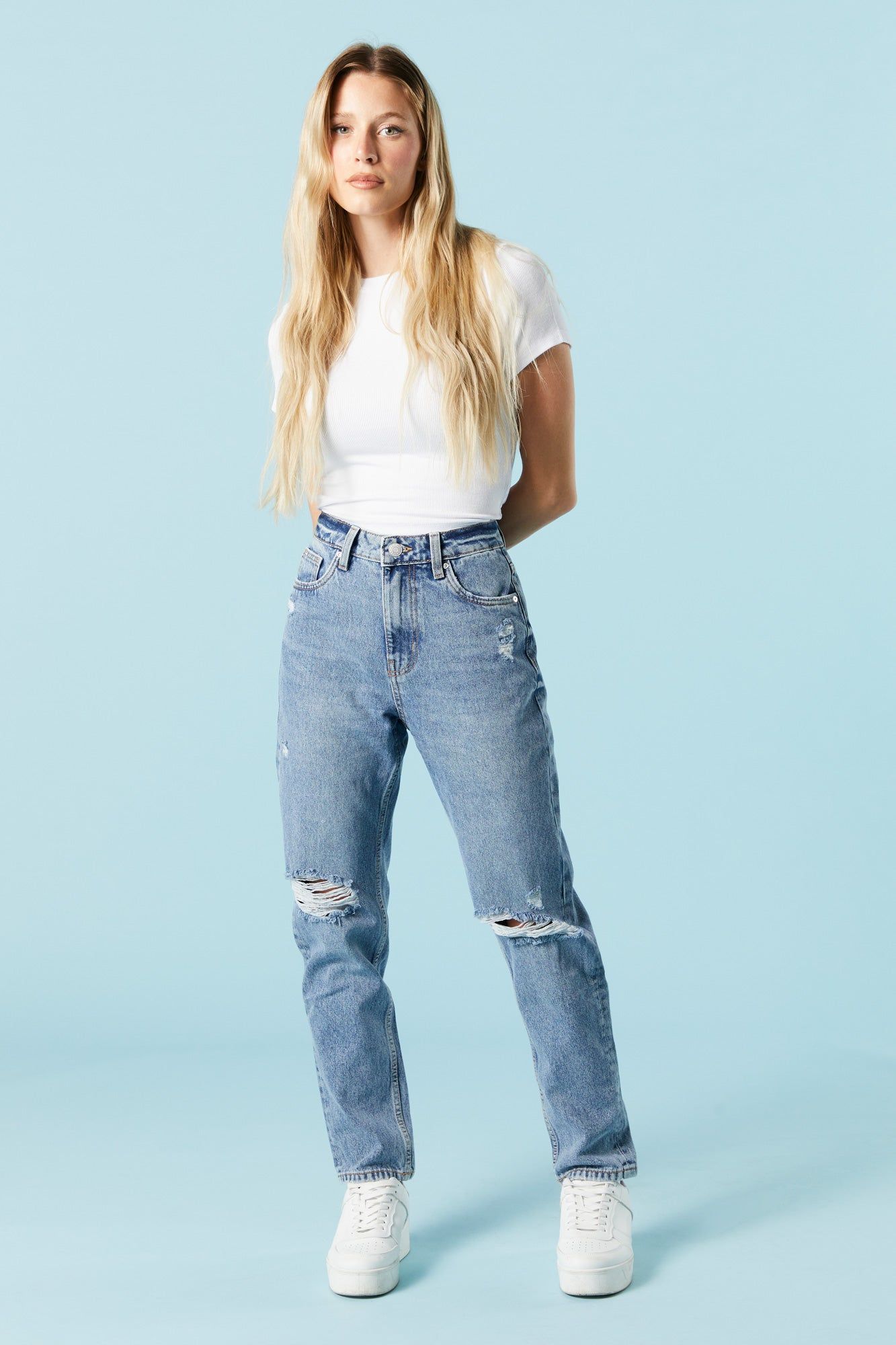 Medium Wash Distressed Mom Jean sold by Charlotte Russe