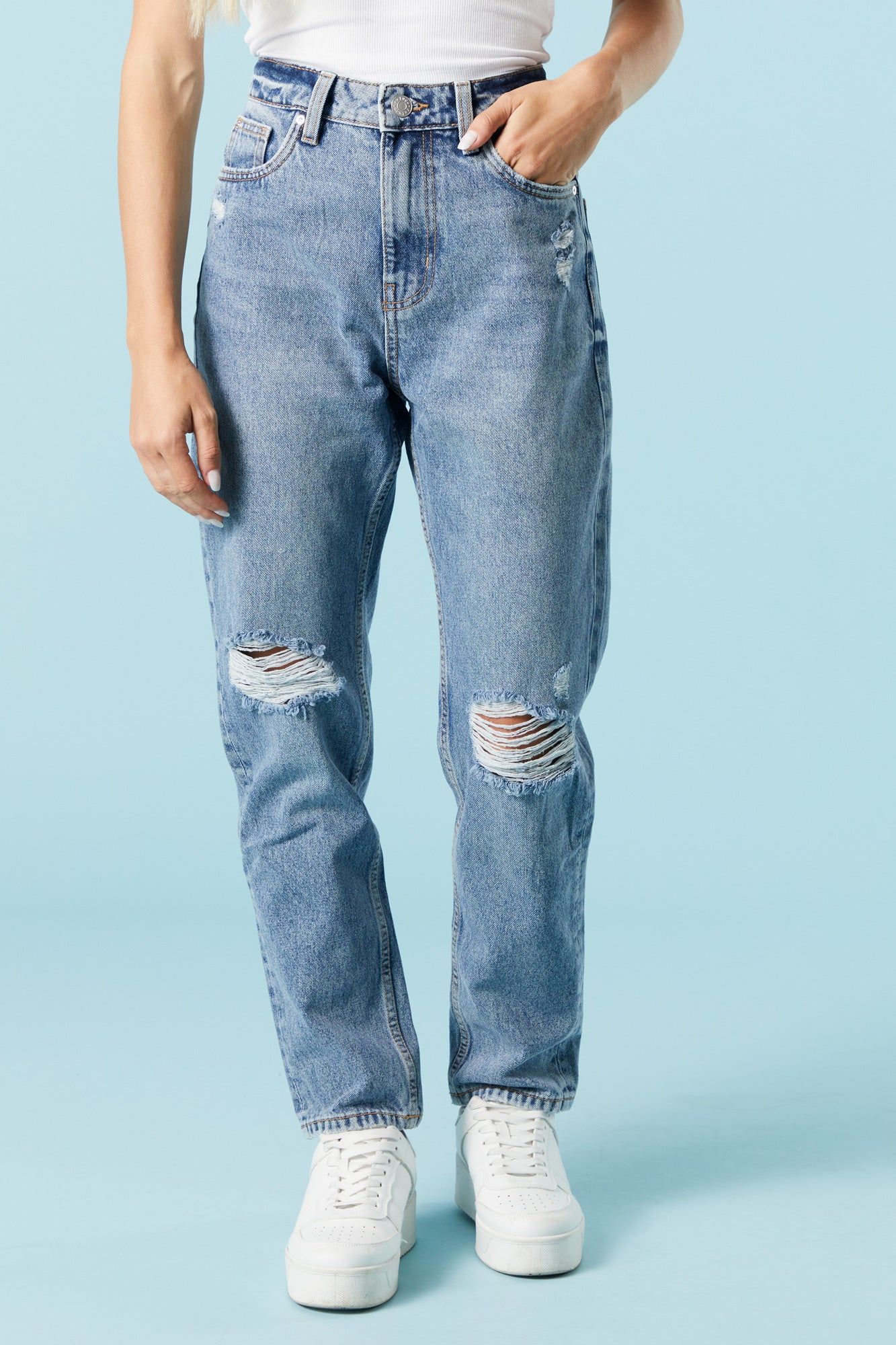 Medium Wash Distressed Mom Jean sold by Charlotte Russe product image thumbnail 3