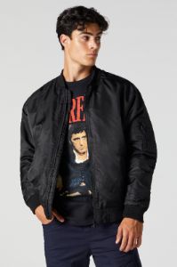 Nylon Hooded Bomber Jacket sold by Charlotte Russe