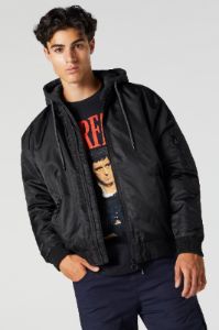 Nylon Hooded Bomber Jacket sold by Charlotte Russe