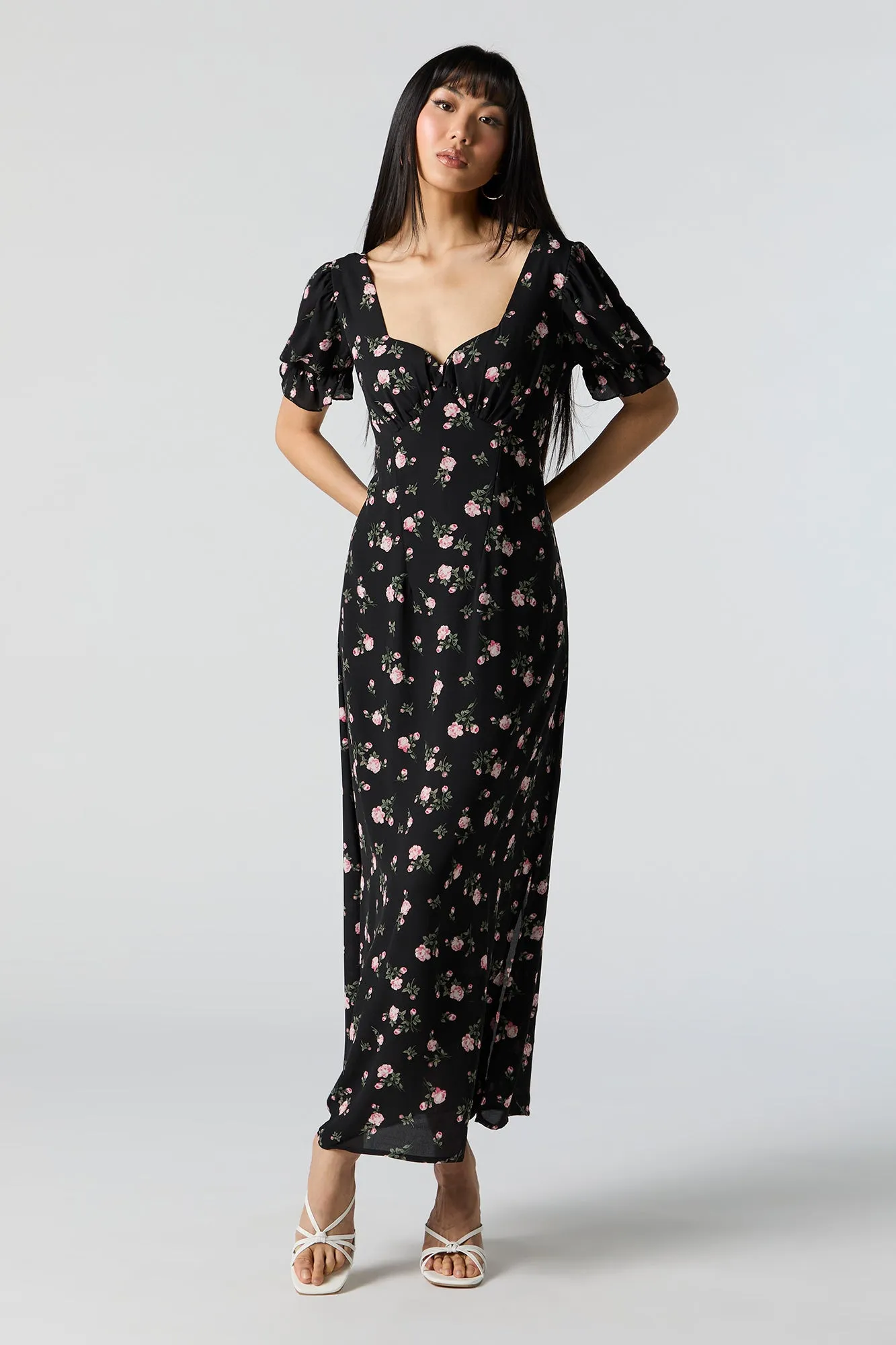 Black Floral Self-Tie Back Midi Dress sold by Charlotte Russe
