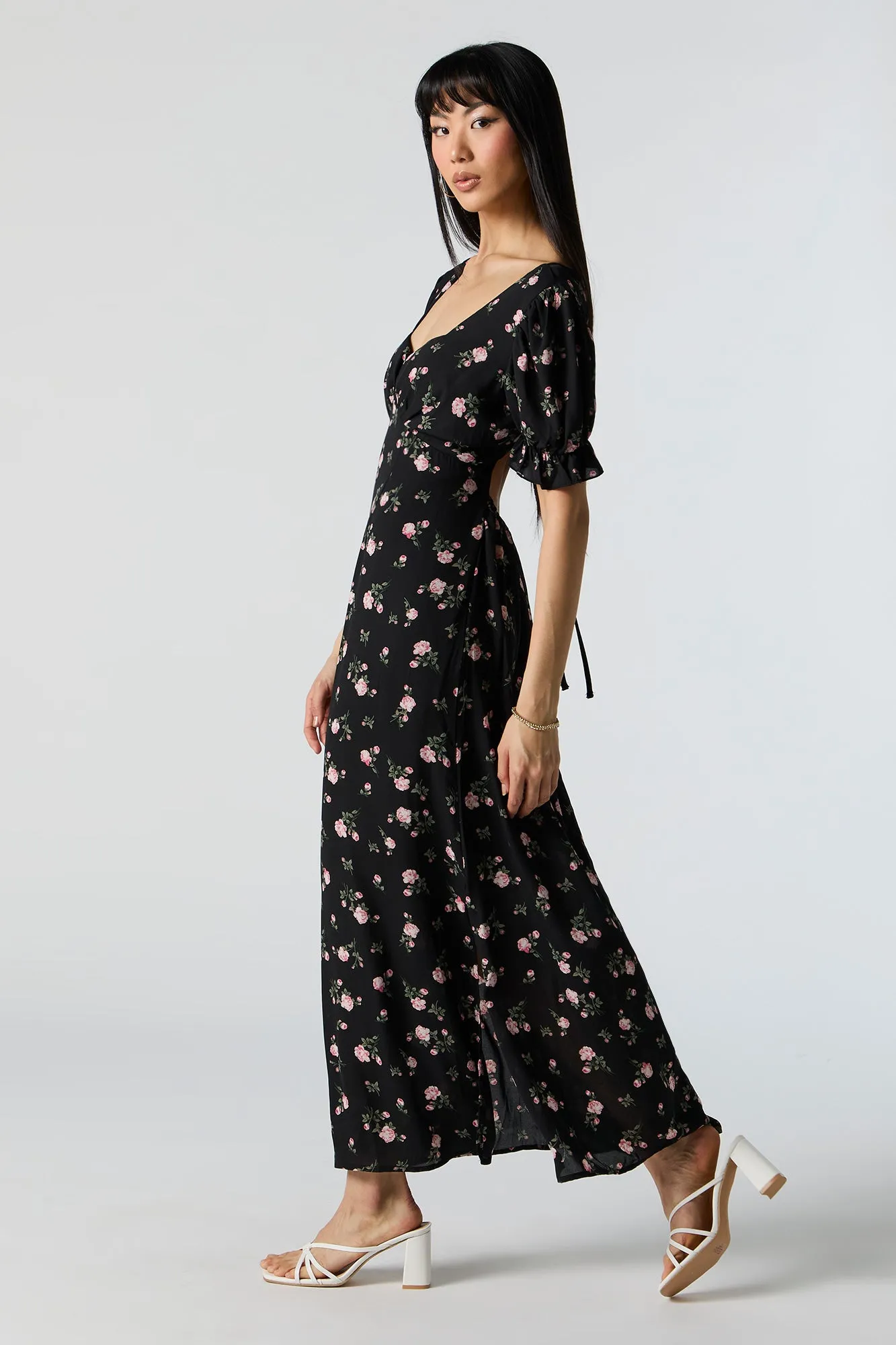 Black Floral Self-Tie Back Midi Dress sold by Charlotte Russe product image thumbnail 2