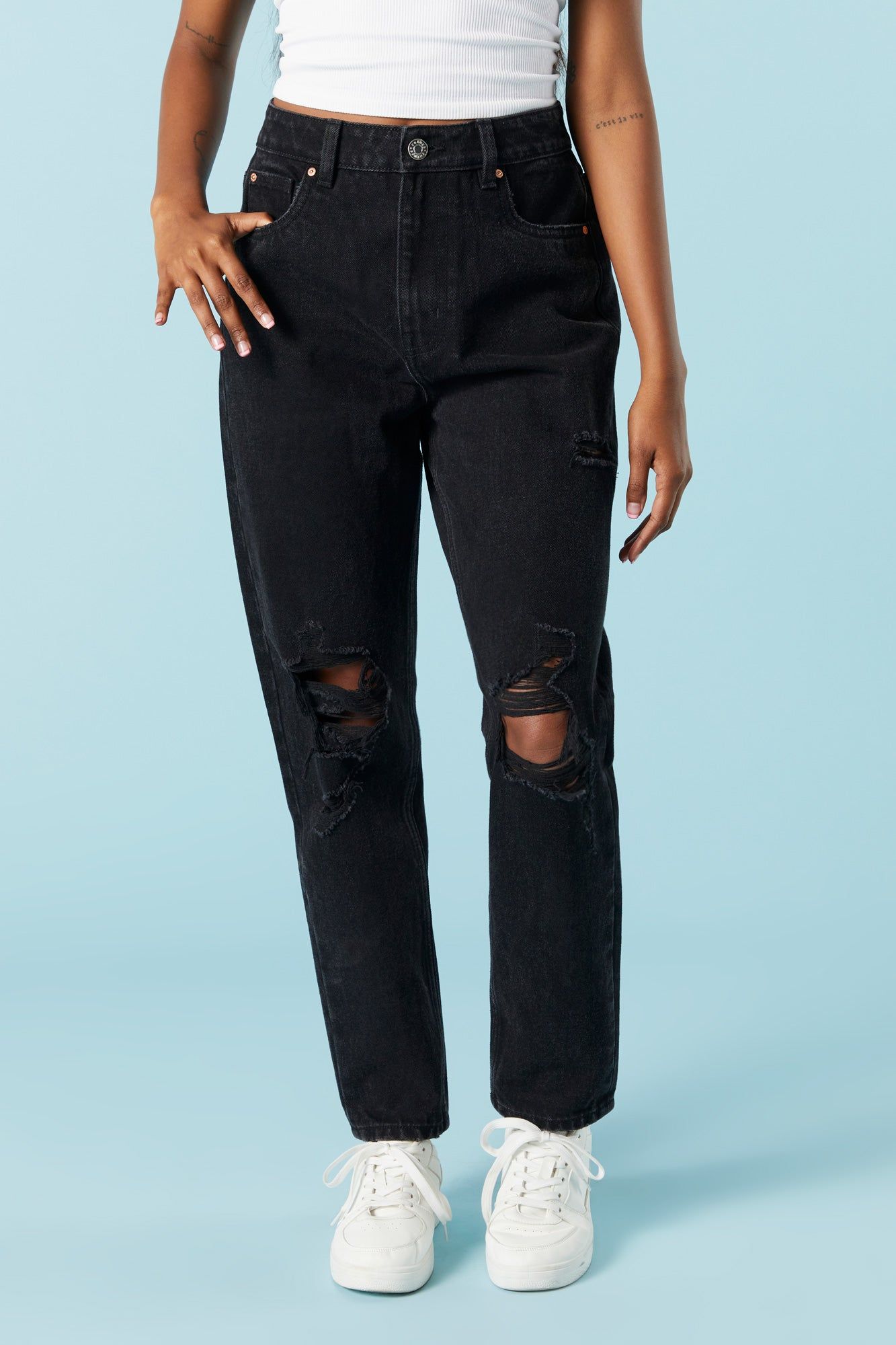 Black Wash Distressed Mom Jean sold by Charlotte Russe product image thumbnail 2