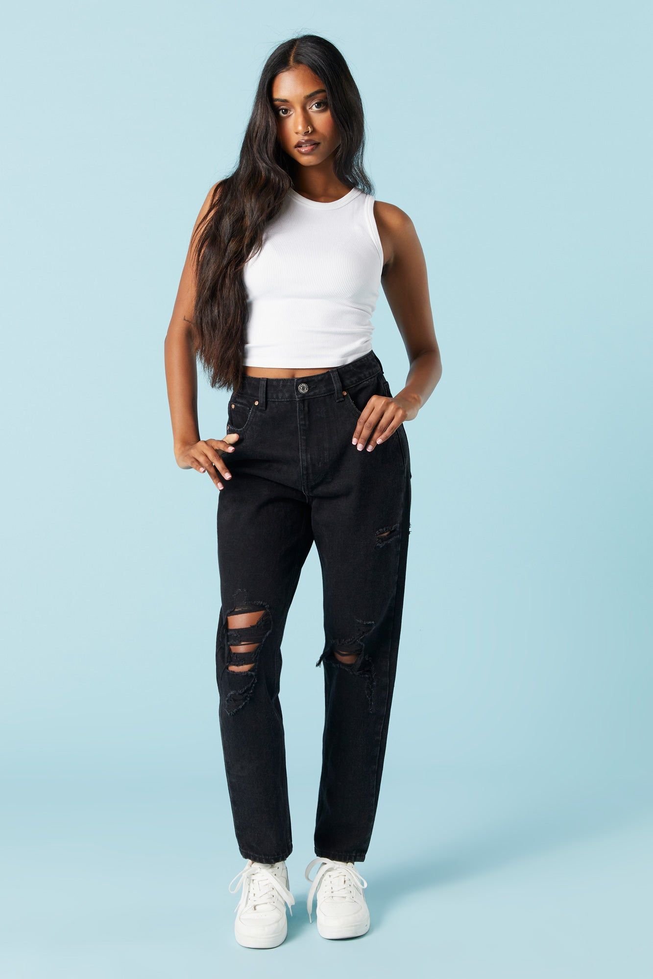 Black Wash Distressed Mom Jean sold by Charlotte Russe