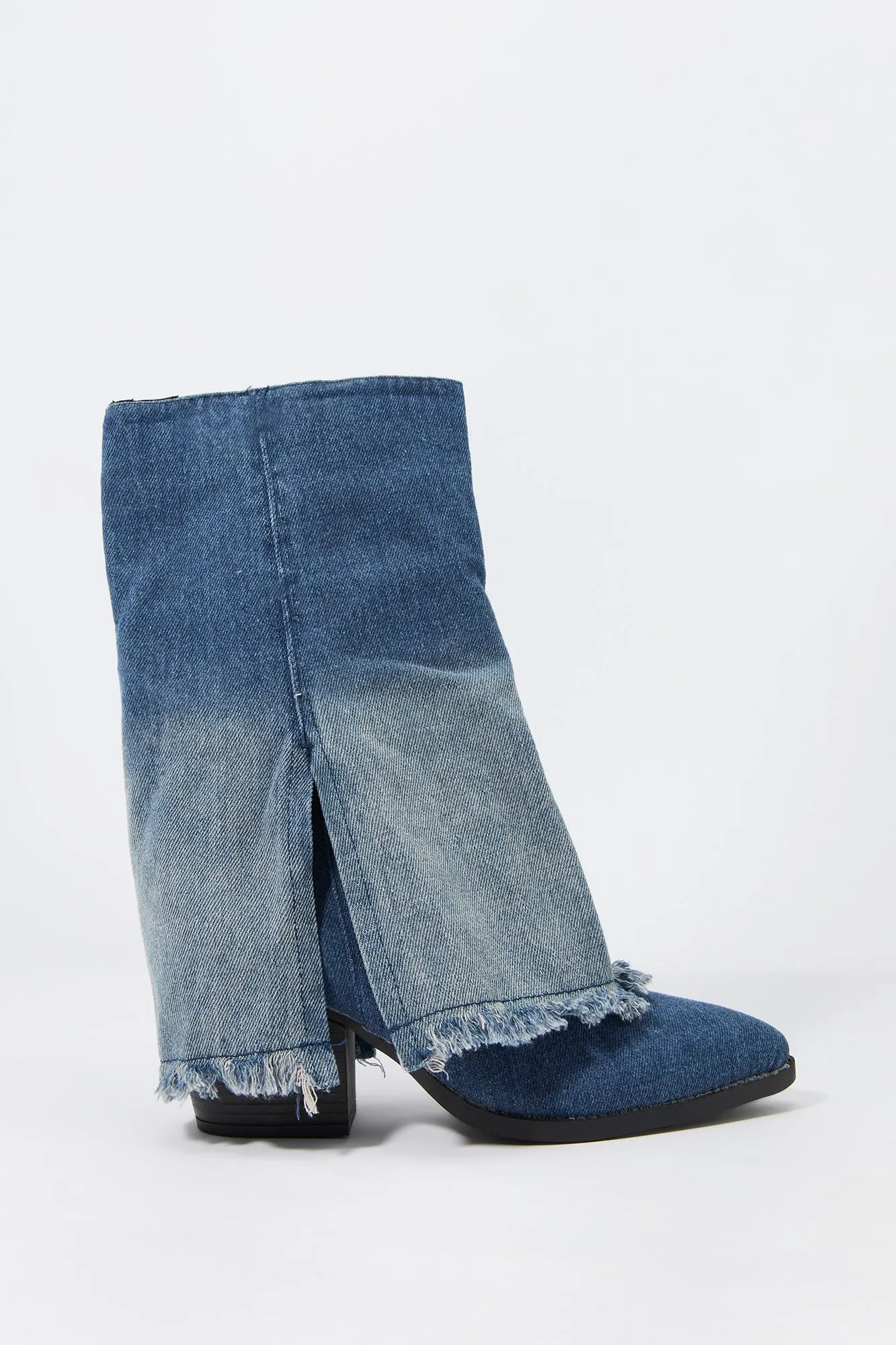 Denim Foldover Shaft Heeled Boot sold by Charlotte Russe