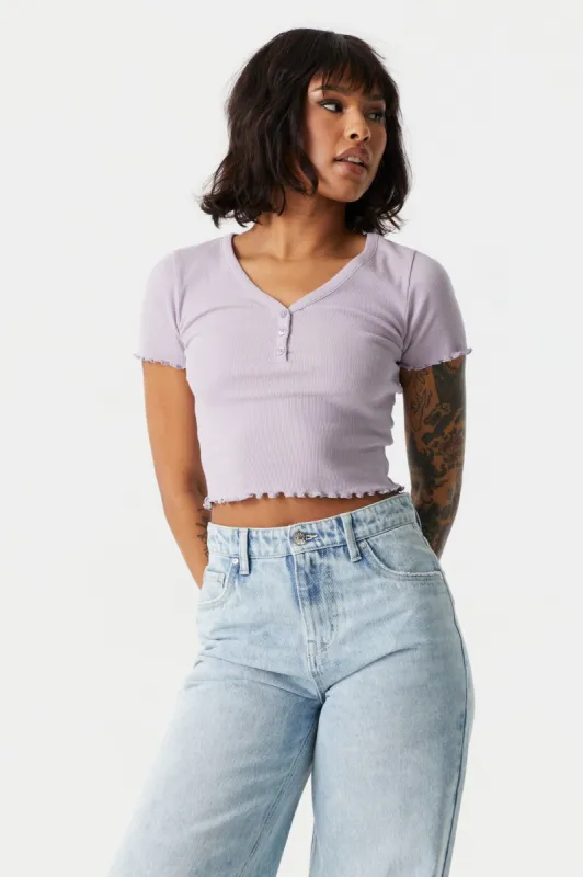 Ribbed Lettuce Hem Henley Crop Top sold by Charlotte Russe