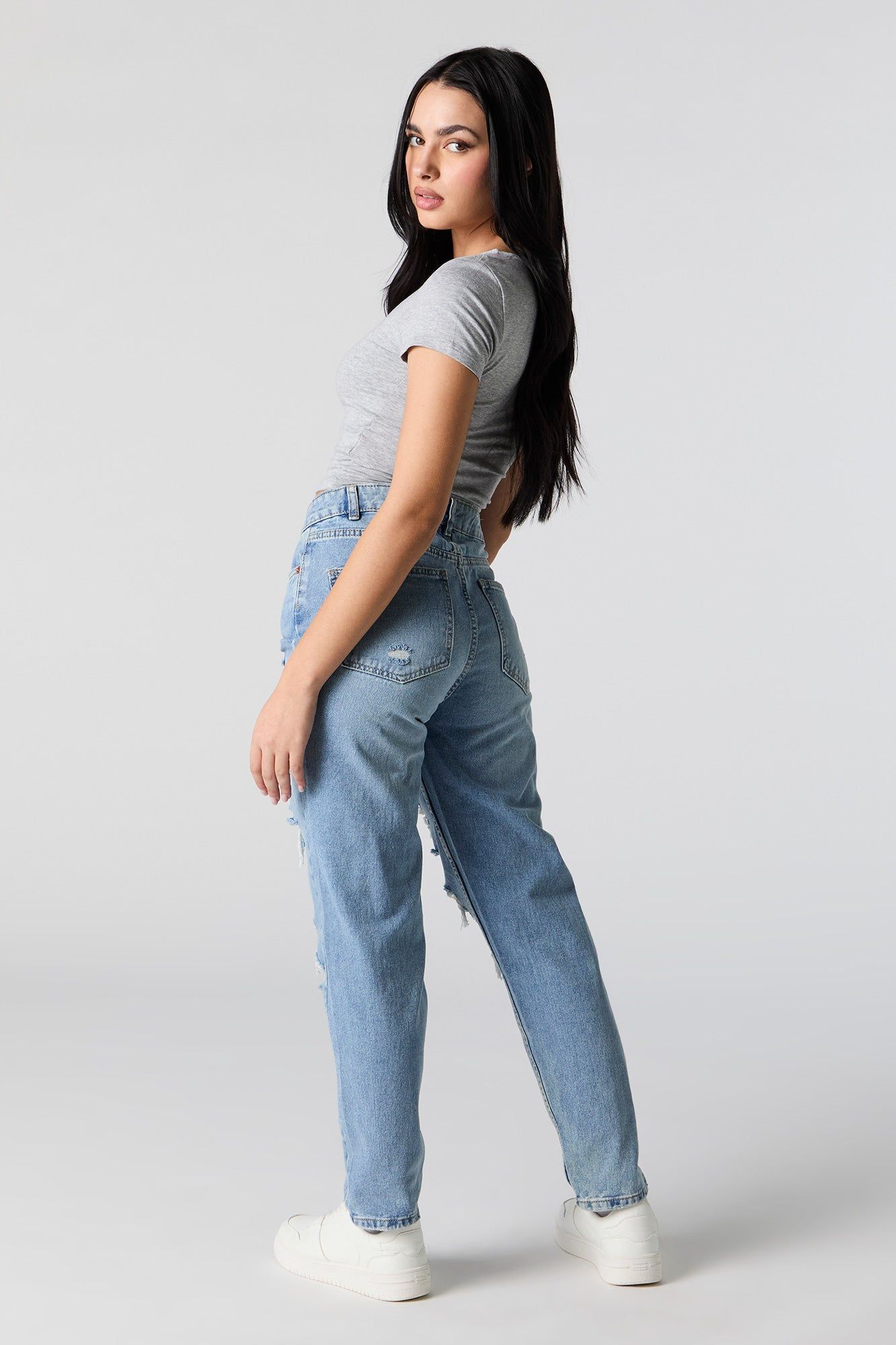 Medium Wash Distressed High Rise Mom Jean sold by Charlotte Russe product image thumbnail 3