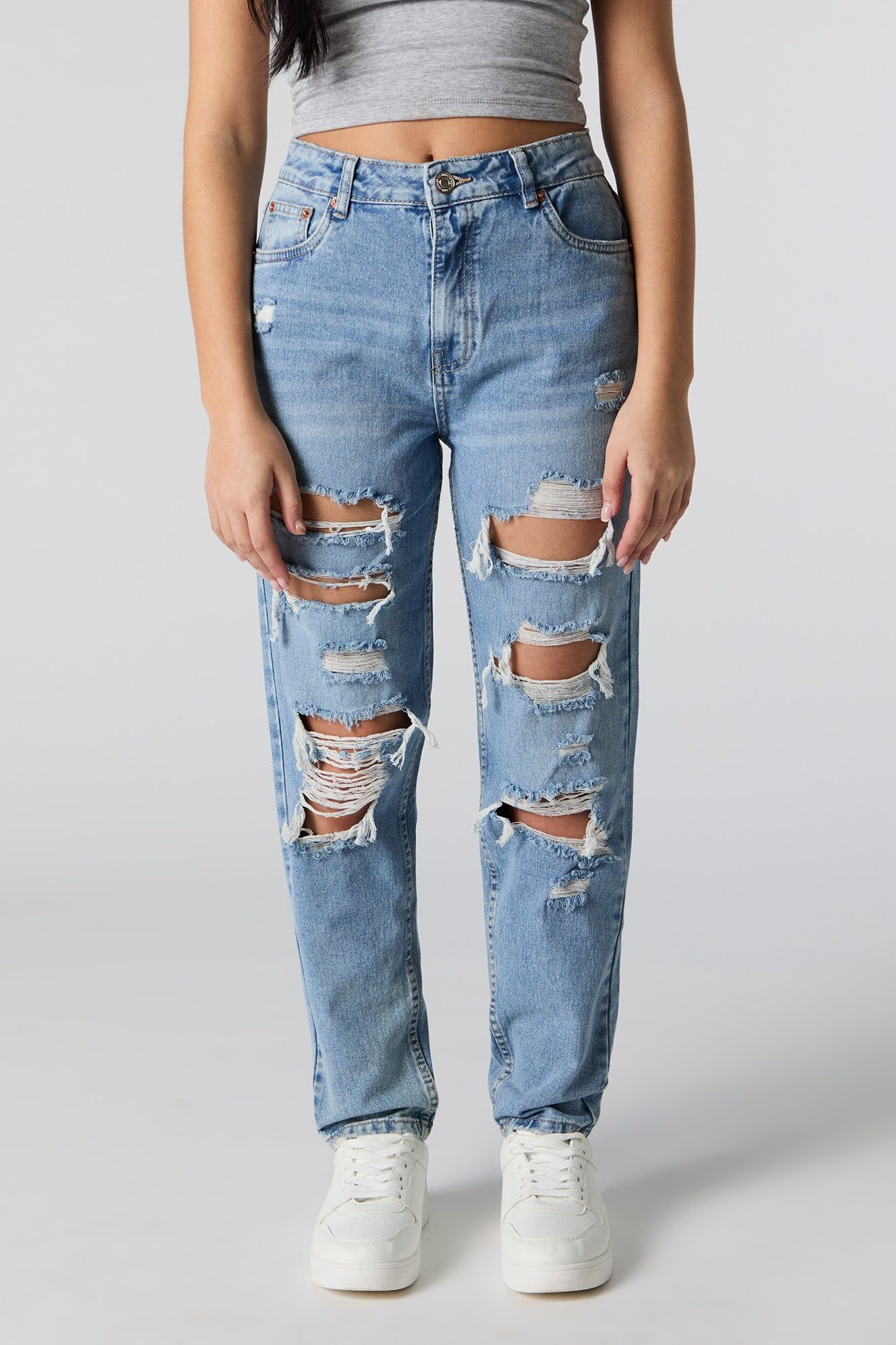 Medium Wash Distressed High Rise Mom Jean sold by Charlotte Russe product image thumbnail 2
