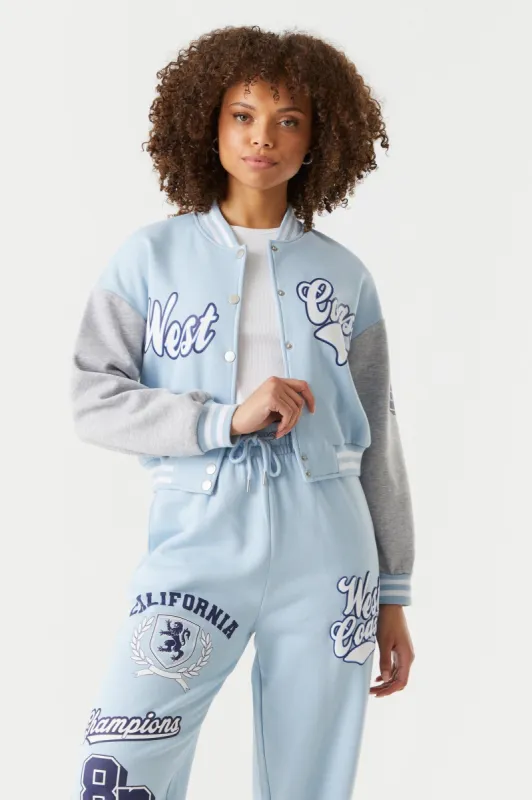 West Coast Graphic Cropped Varsity Jacket sold by Charlotte Russe