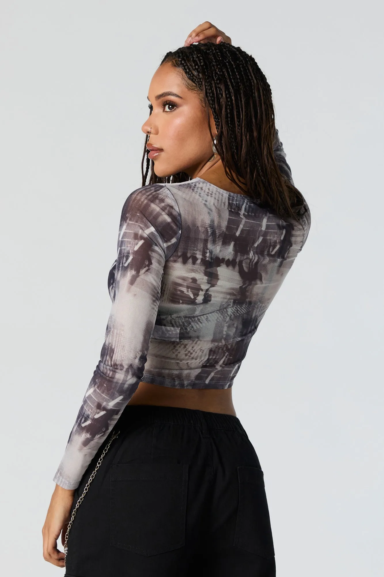 Abstract Print Mesh Long Sleeve Crop Top sold by Charlotte Russe product image thumbnail 2
