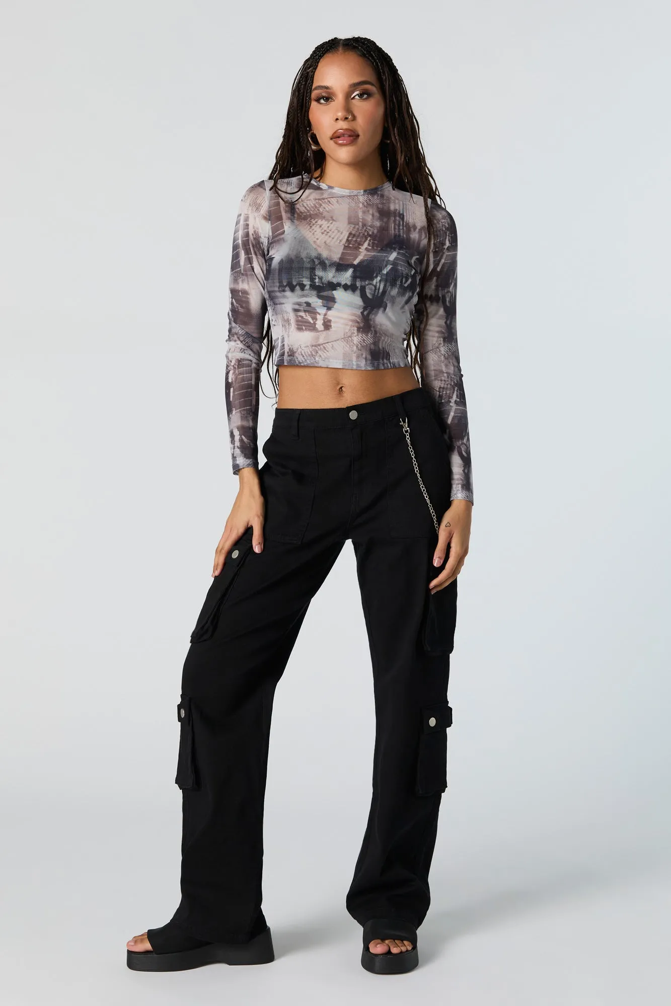 Abstract Print Mesh Long Sleeve Crop Top sold by Charlotte Russe product image thumbnail 3