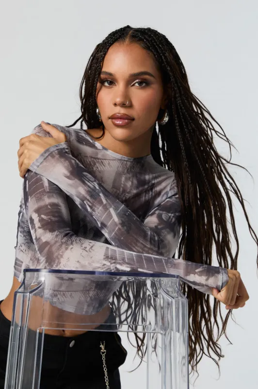 Abstract Print Mesh Long Sleeve Crop Top sold by Charlotte Russe