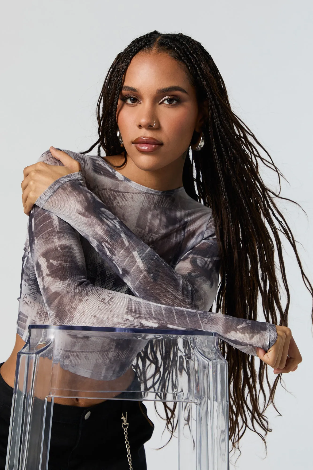 Abstract Print Mesh Long Sleeve Crop Top sold by Charlotte Russe