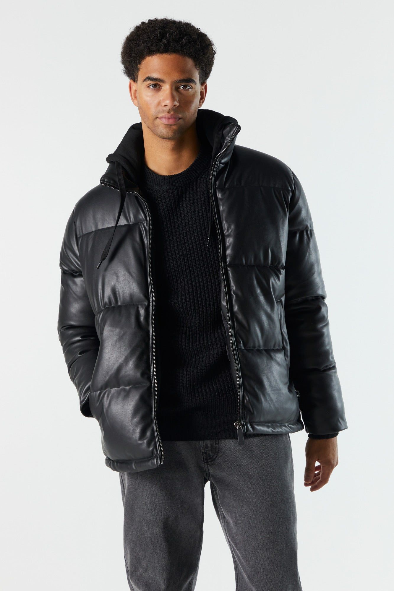 Faux Leather Hooded Puffer Jacket sold by Charlotte Russe