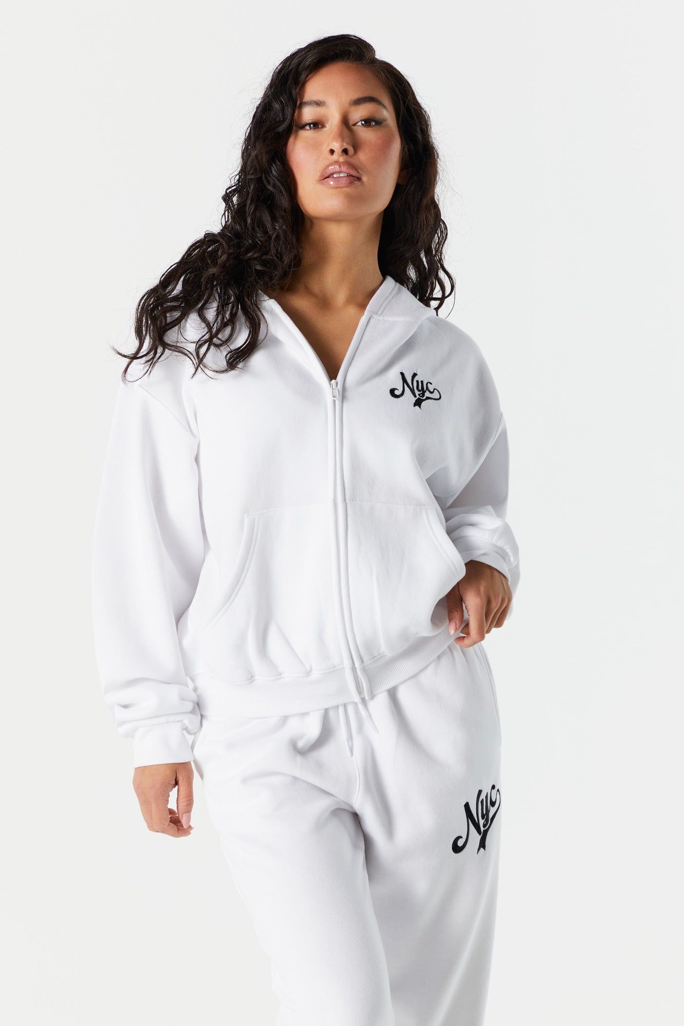 NYC Embroidered Zip Up Varsity Hoodie sold by Charlotte Russe