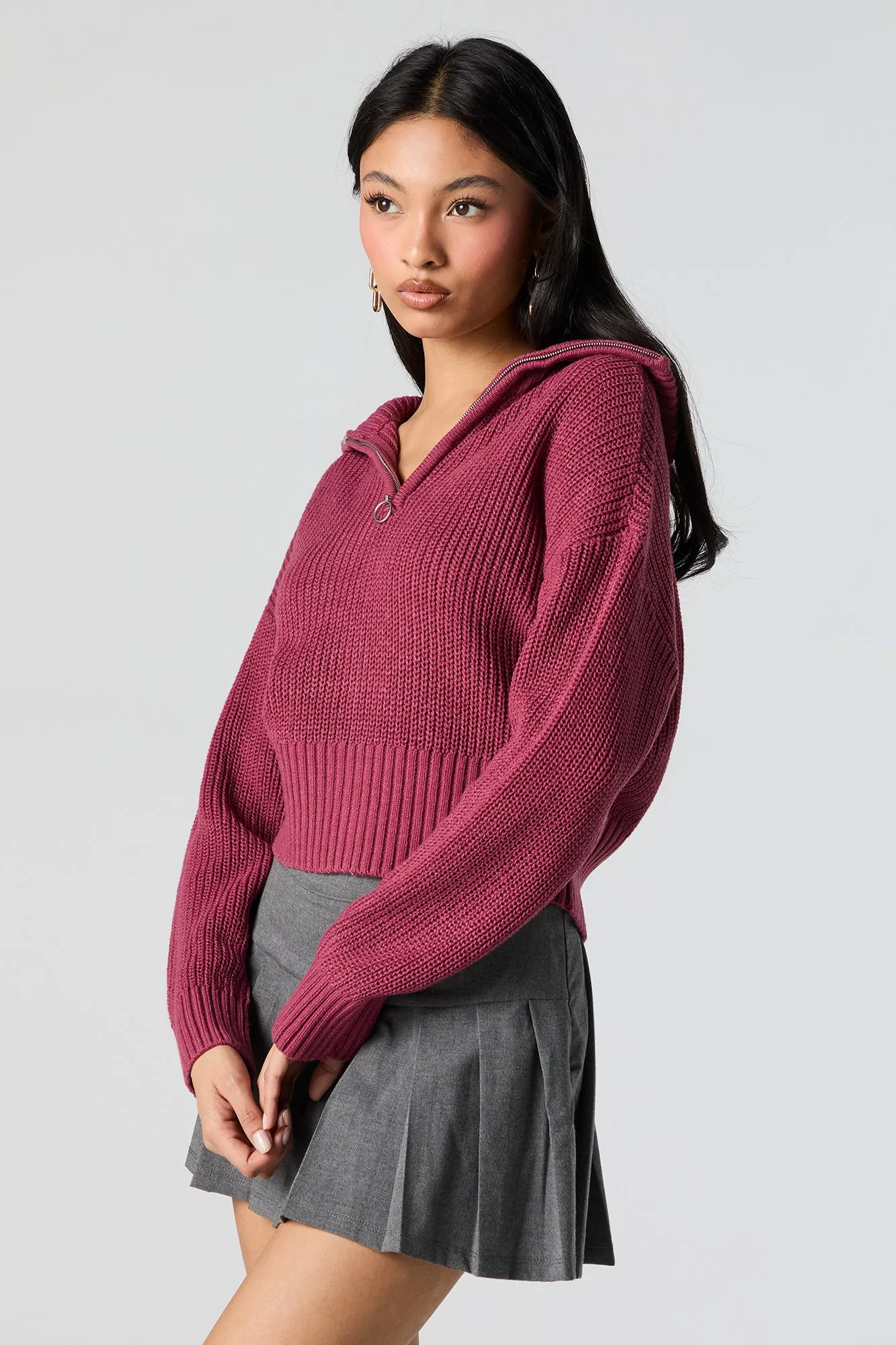 Ribbed Knit Quarter Zip Cropped Sweater sold by Charlotte Russe