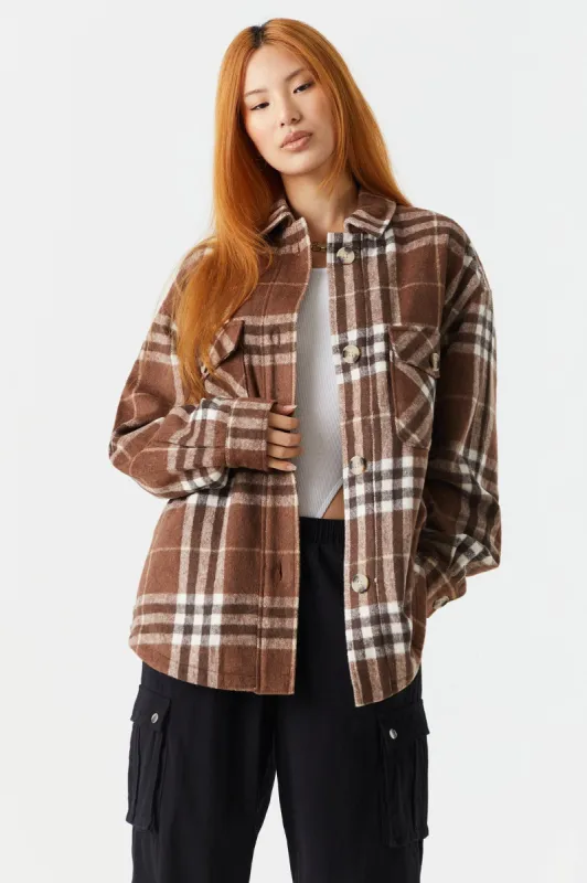 Tan Plaid Sherpa Lined Flannel Shirt sold by Charlotte Russe