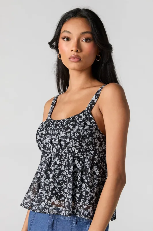 Black Floral Chiffon Milkmaid Babydoll Tank sold by Charlotte Russe