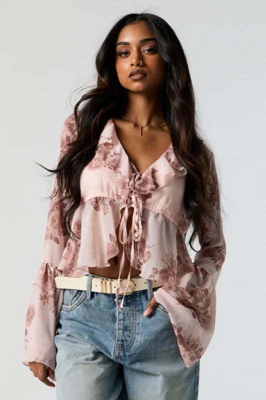 Rose Print Chiffon Front Tie Long Sleeve Top sold by Charlotte Russe