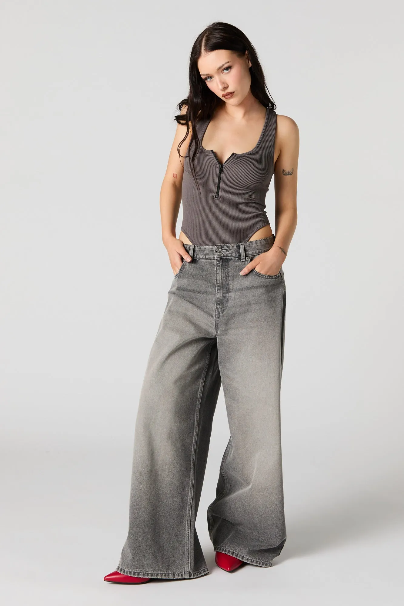 Ribbed Zip-Up Bodysuit sold by Charlotte Russe product image thumbnail 3