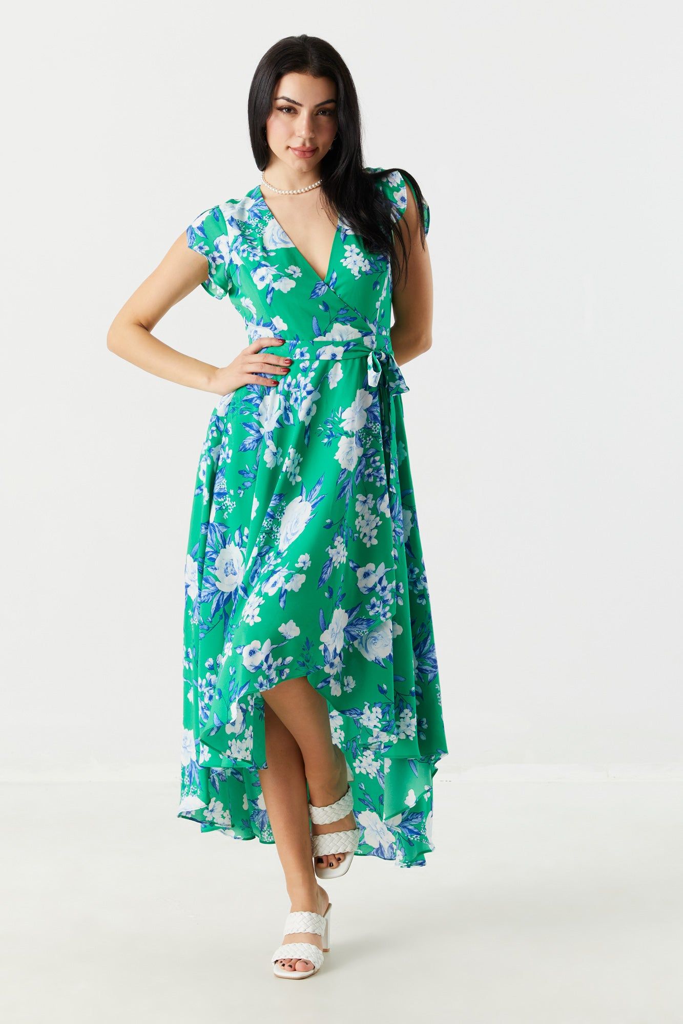 Green Floral Surplice High-Low Wrap Dress sold by Charlotte Russe product image thumbnail 3