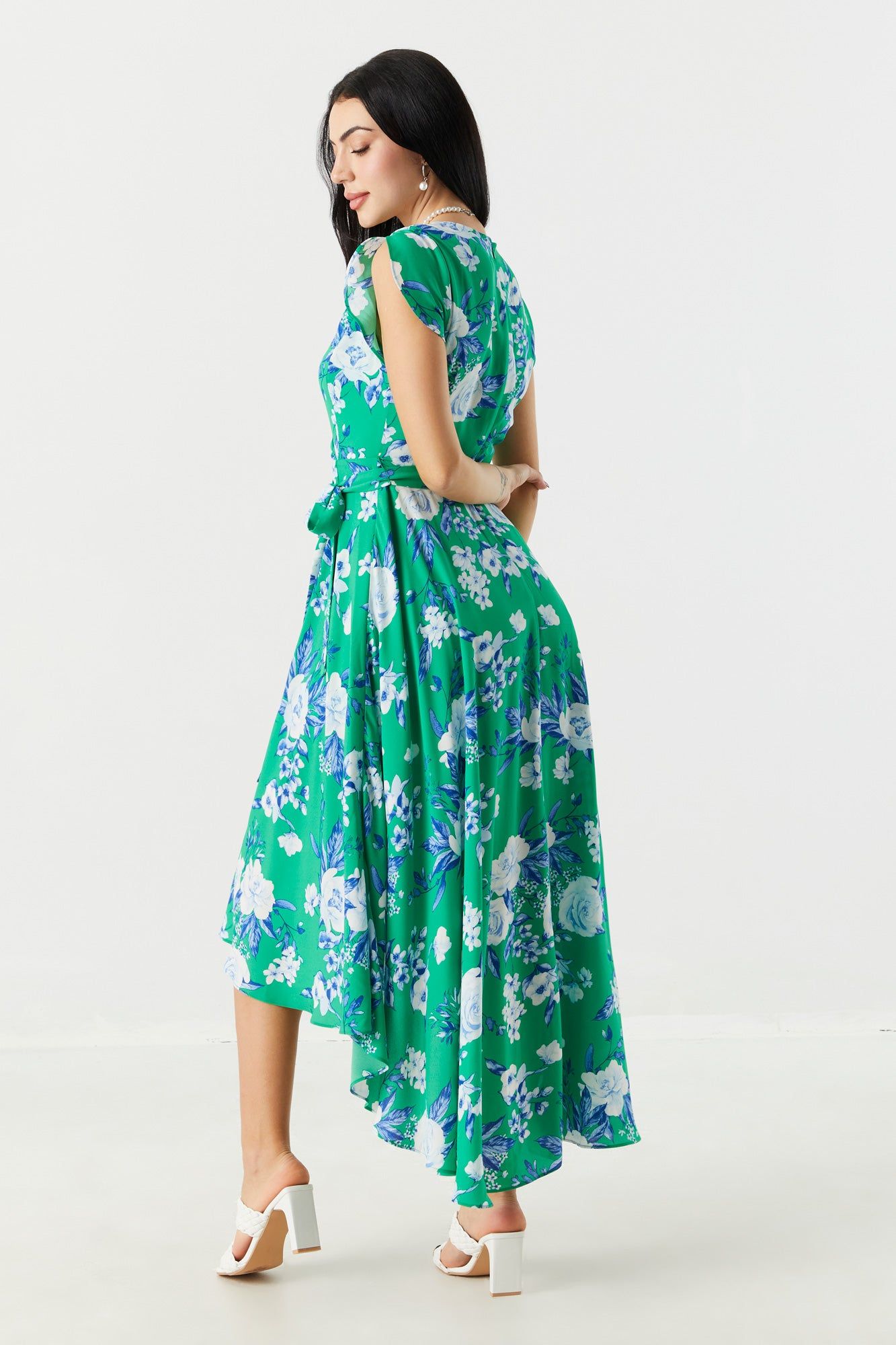 Green Floral Surplice High-Low Wrap Dress sold by Charlotte Russe product image thumbnail 2