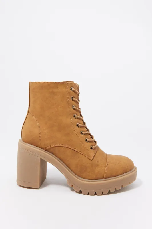 Matte Lace-Up High Heel Lug Sole Boot sold by Charlotte Russe