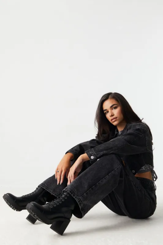 Lace-Up High Heel Lug Sole Boot sold by Charlotte Russe