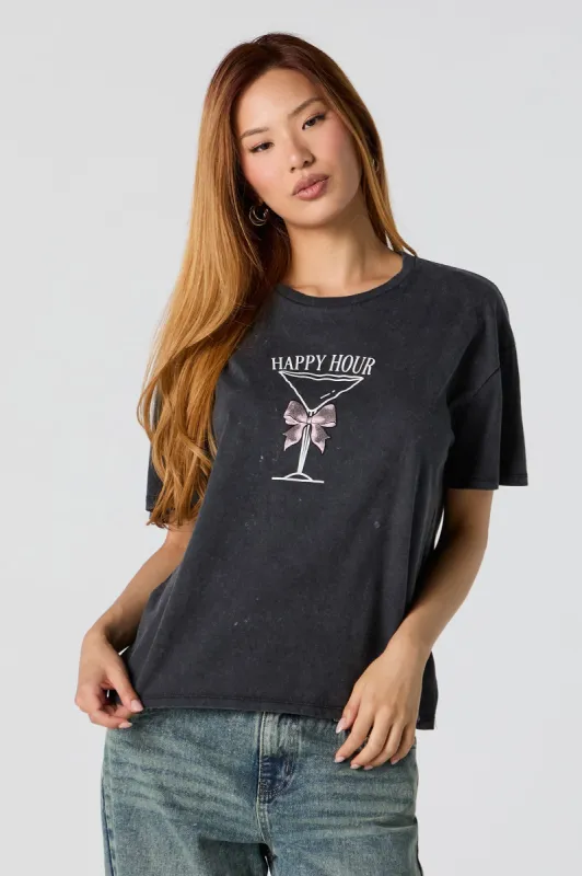 Happy Hour Graphic Washed Boyfriend T-Shirt sold by Charlotte Russe