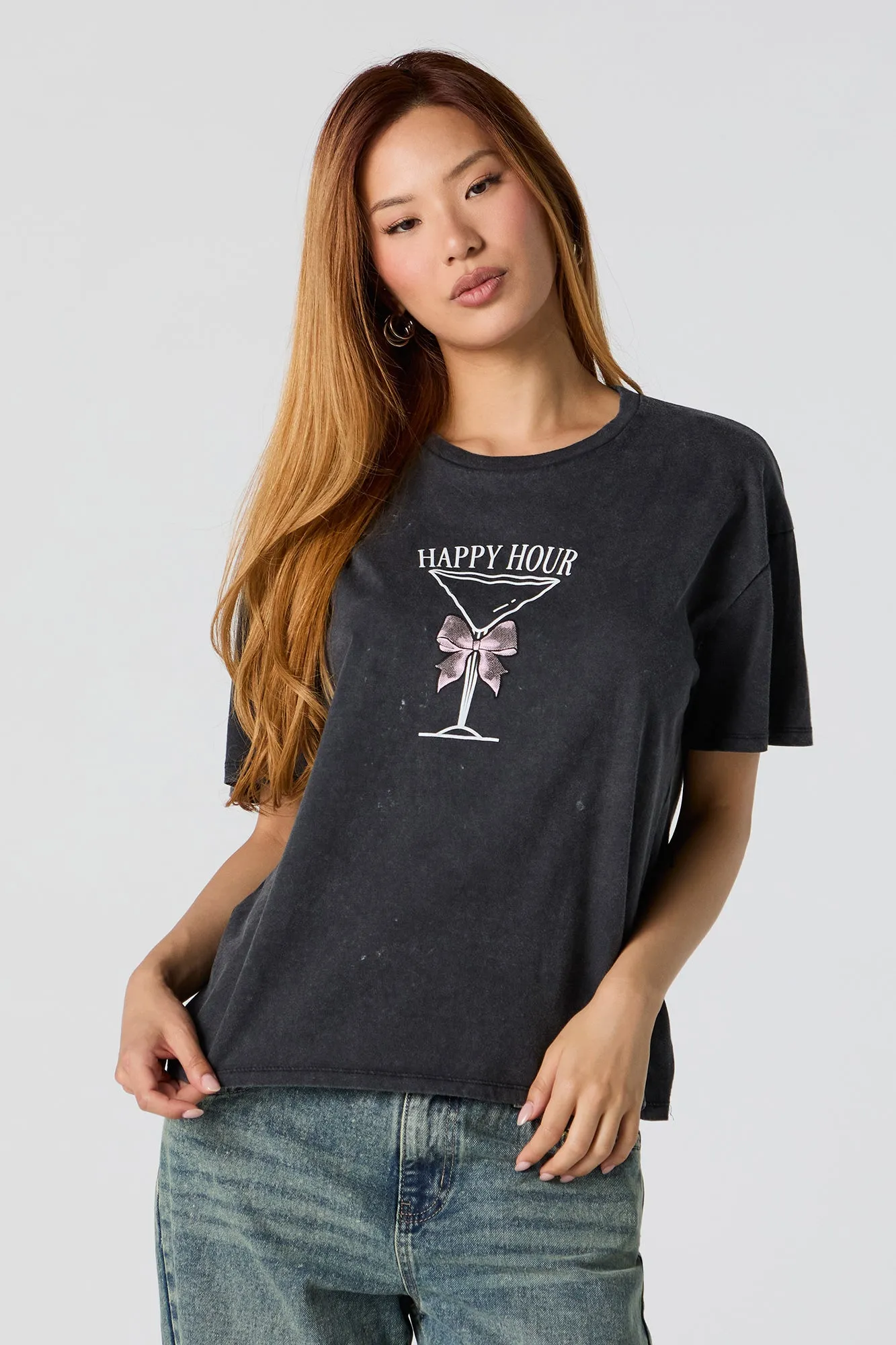 Happy Hour Graphic Washed Boyfriend T-Shirt sold by Charlotte Russe