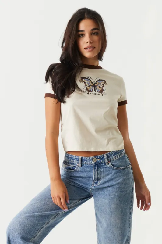 Butterfly Graphic Ringer T-Shirt sold by Charlotte Russe