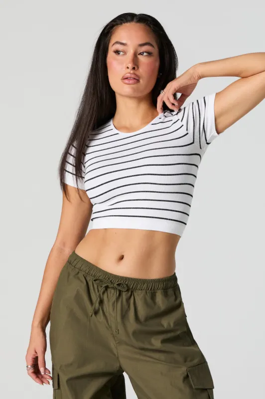 Striped Ribbed Short Sleeve Crop Top sold by Charlotte Russe