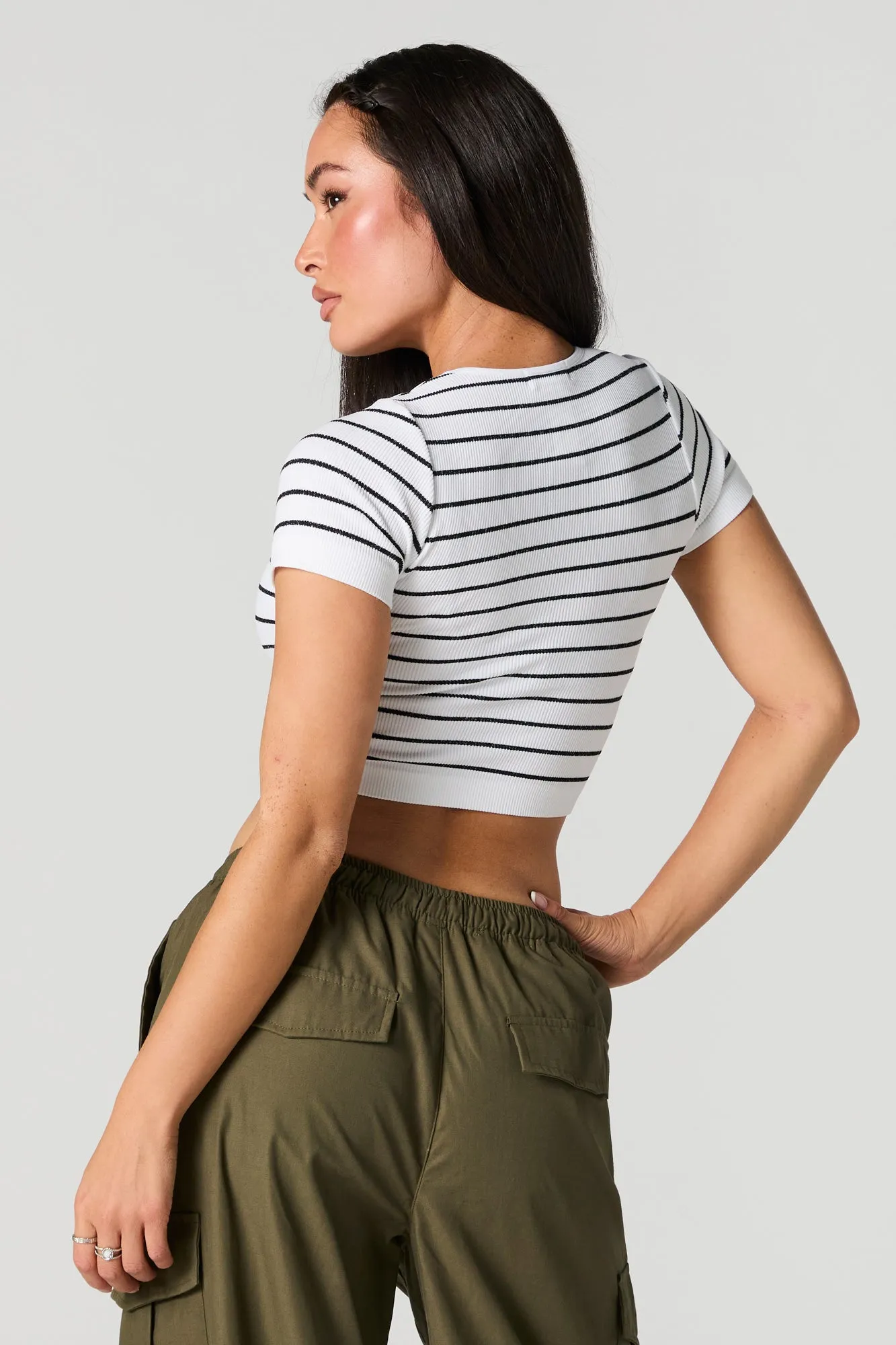 Striped Ribbed Short Sleeve Crop Top sold by Charlotte Russe product image thumbnail 2