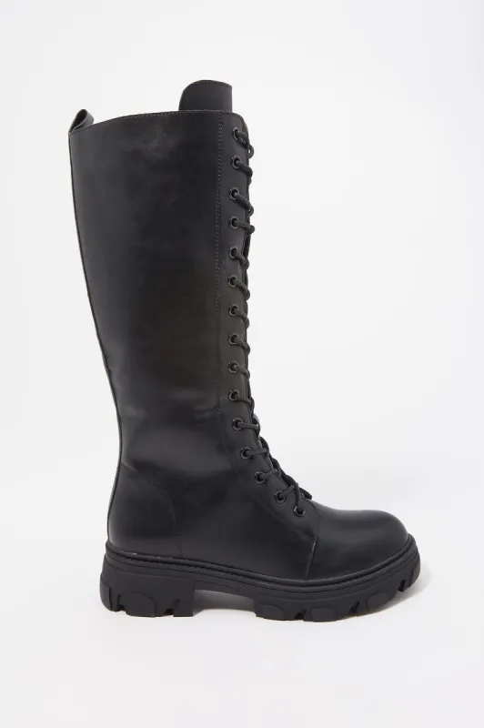 Tall Lace-Up Faux-Leather Boot sold by Charlotte Russe