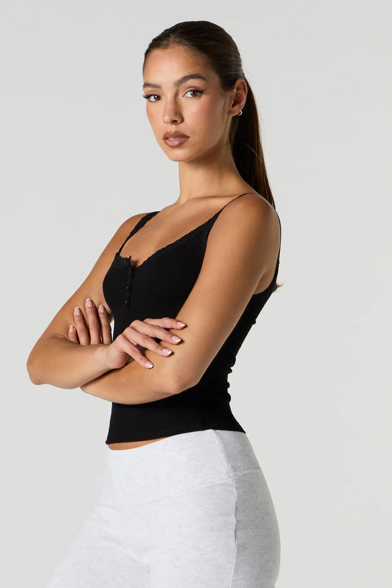 Ribbed Lace Trim Henley Tank sold by Charlotte Russe product image thumbnail 4