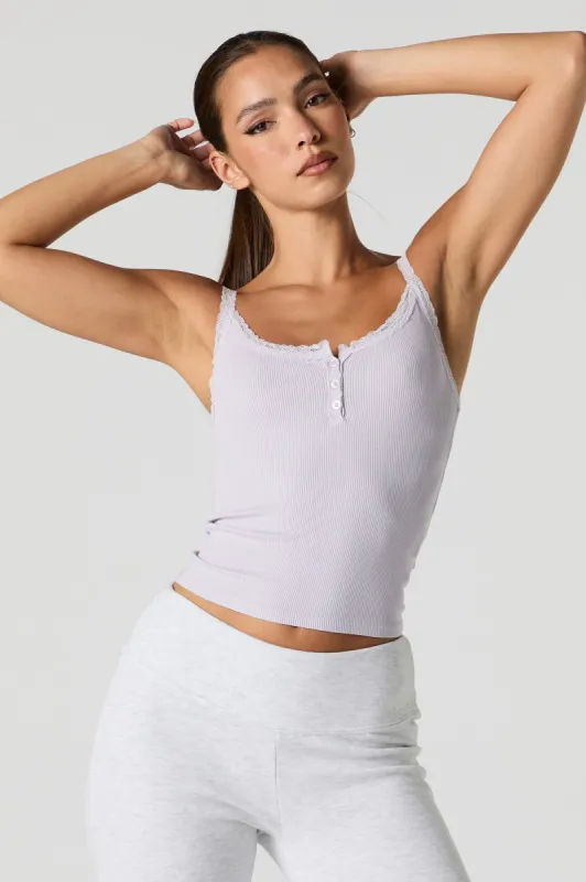 Ribbed Lace Trim Henley Tank sold by Charlotte Russe