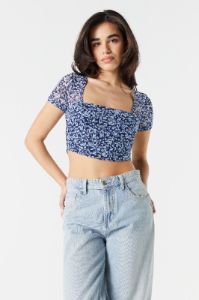 Blue Floral Mesh Sleeve Corset Top sold by Charlotte Russe