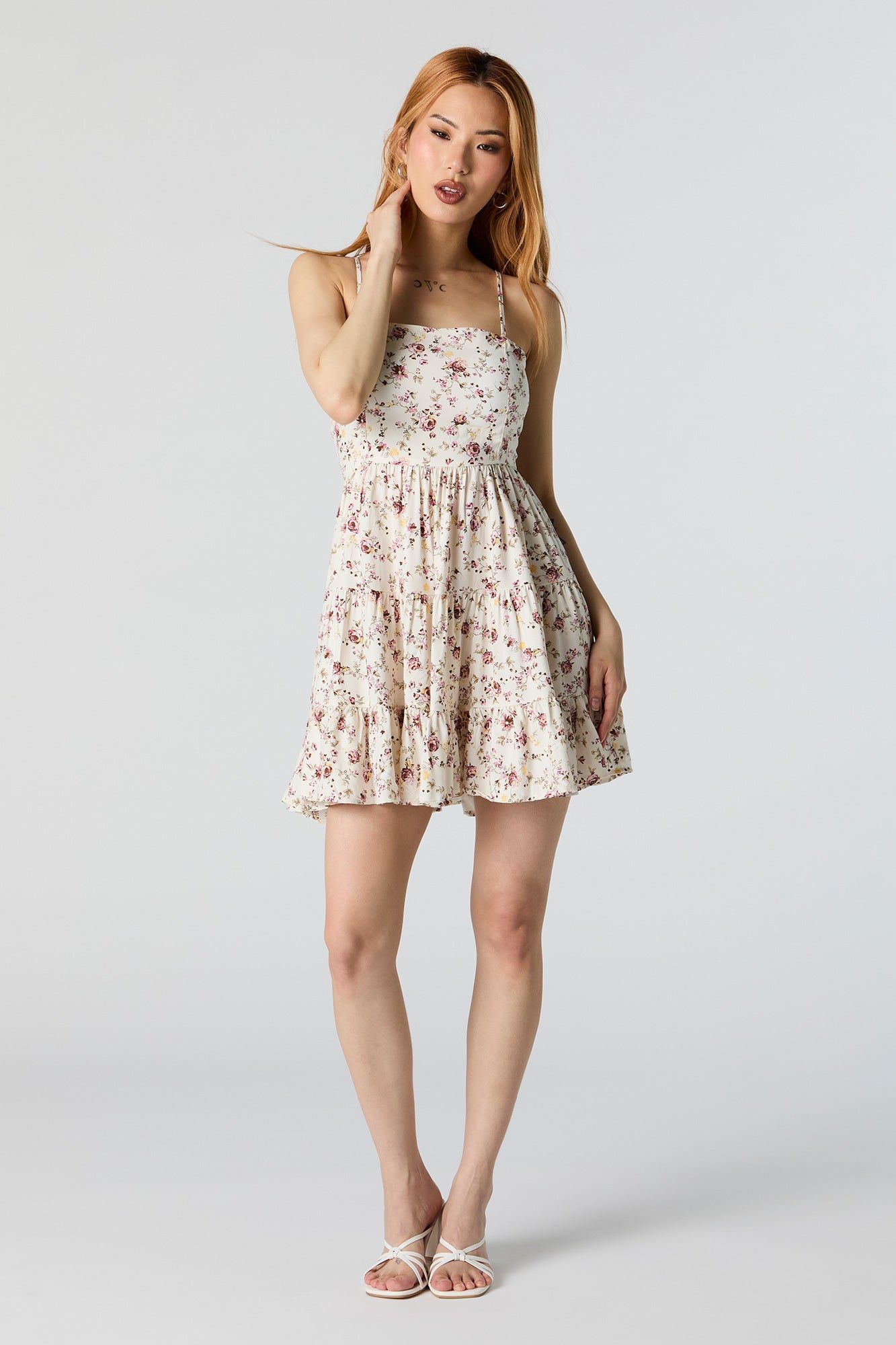 White Floral Tiered Mini Dress with Built In Bra Cups sold by Charlotte Russe product image thumbnail 3